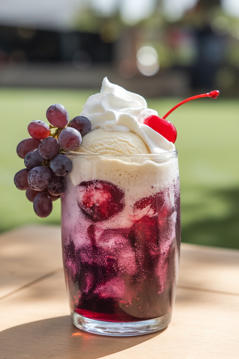 A colorful Grape Fizz Float with grape soda and vanilla ice cream, garnished with grapes and a cherry.